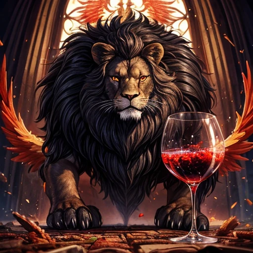 Lion, Black Hair, Red eyes, wing, Very monstrous Powerful Warrior Eat steak wine glass with red wine