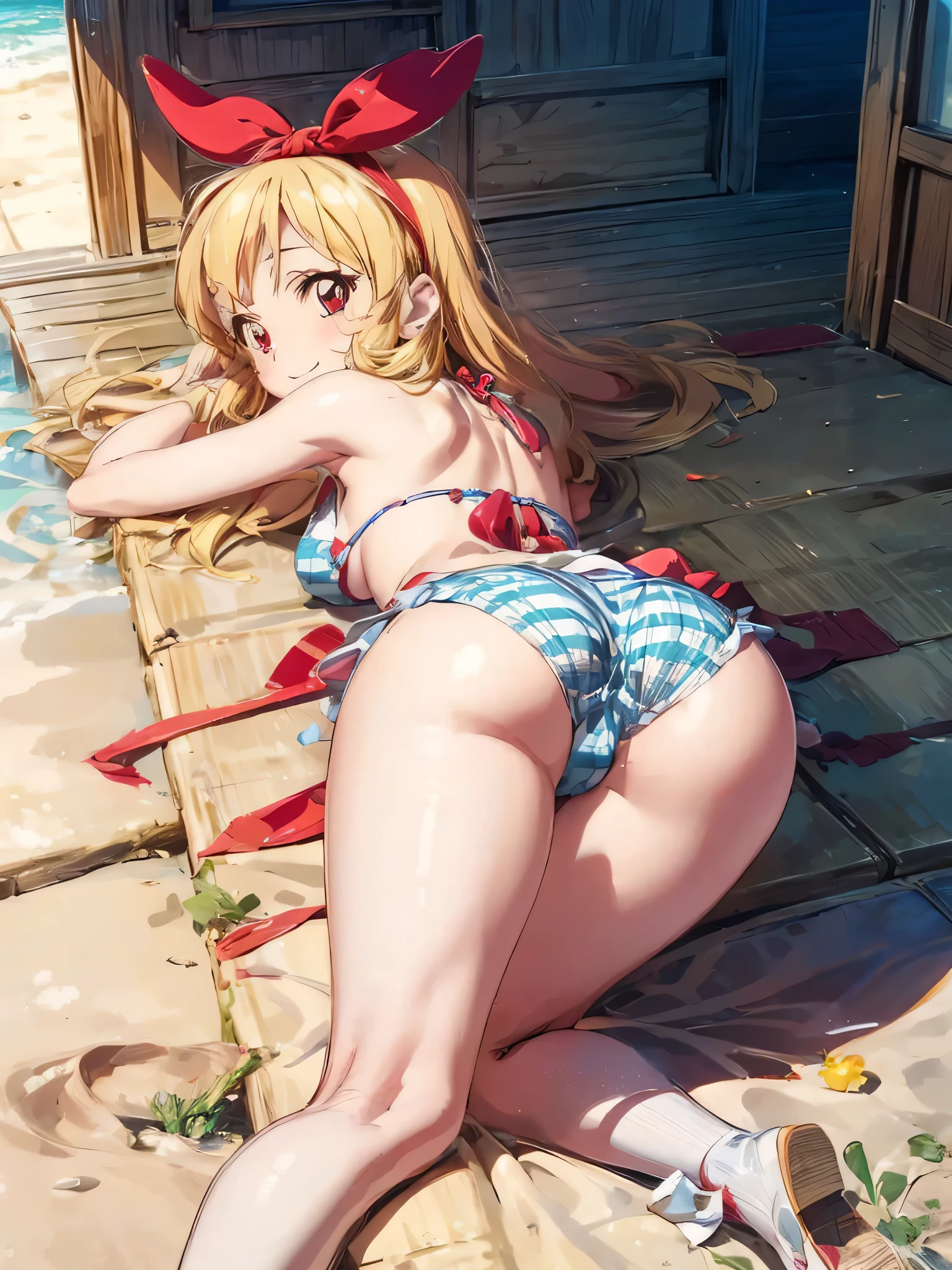 (RED Ribbon on HAIRband:1.2)a cartoon girl on a beach lying on her tummy with her legs spread wide, 1girl, hoshii miki, swimsuit, bikini, blonde hair, solo, breasts, long hair, green eyes, checkered clothes, ahoge, top-down bottom-up, green bikini, ass, day, smile, large breasts, side-tie bikini bottom,Ichigo Hoshimiya (Aikatsu!),