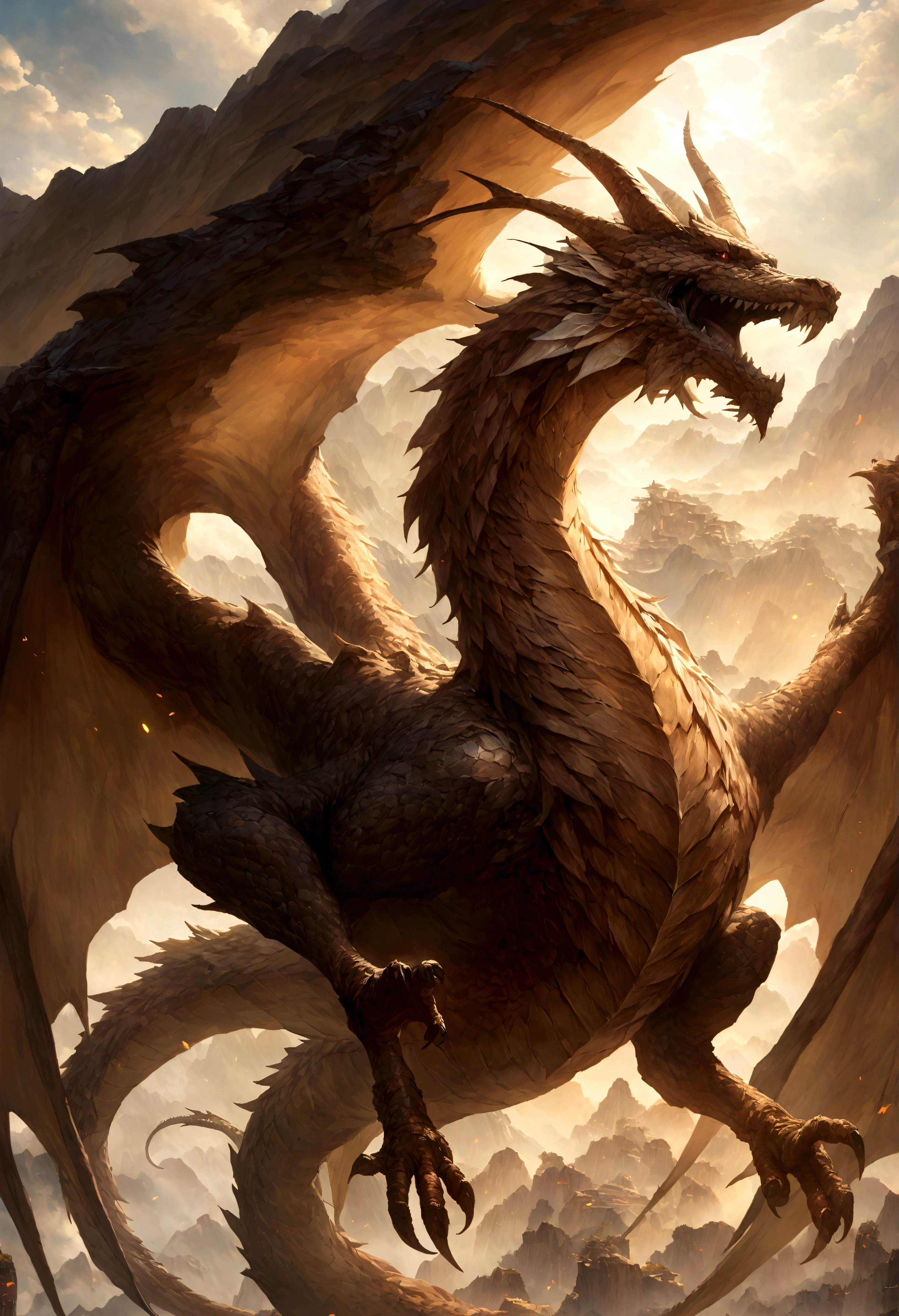 Chinese dragon circling between mountains,With dragons as the main background,There are clouds,There is mine enterance,Flying in the sky(CHinese dragon:1.5),highly detailed fantasy art,hyperrealistic d & D fantasy art,Hero, Artstation contest winner,--no wings,