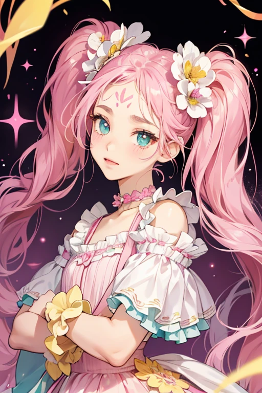 Pacchiritchi is pink with darker pink cheeks. The top of her head is fluffy, and she also has three tufts on her forehead. She has two pigtails tied with yellow petal-like accessories, and she wears white leggings as well as a frilly yellow dress with a collar, a pocket, and a small pink flower on the front. She has large eyes with the pupils in the middle, teal irises, and three eyelashes on the bottom of each eye. SPARKLE; GLITTER