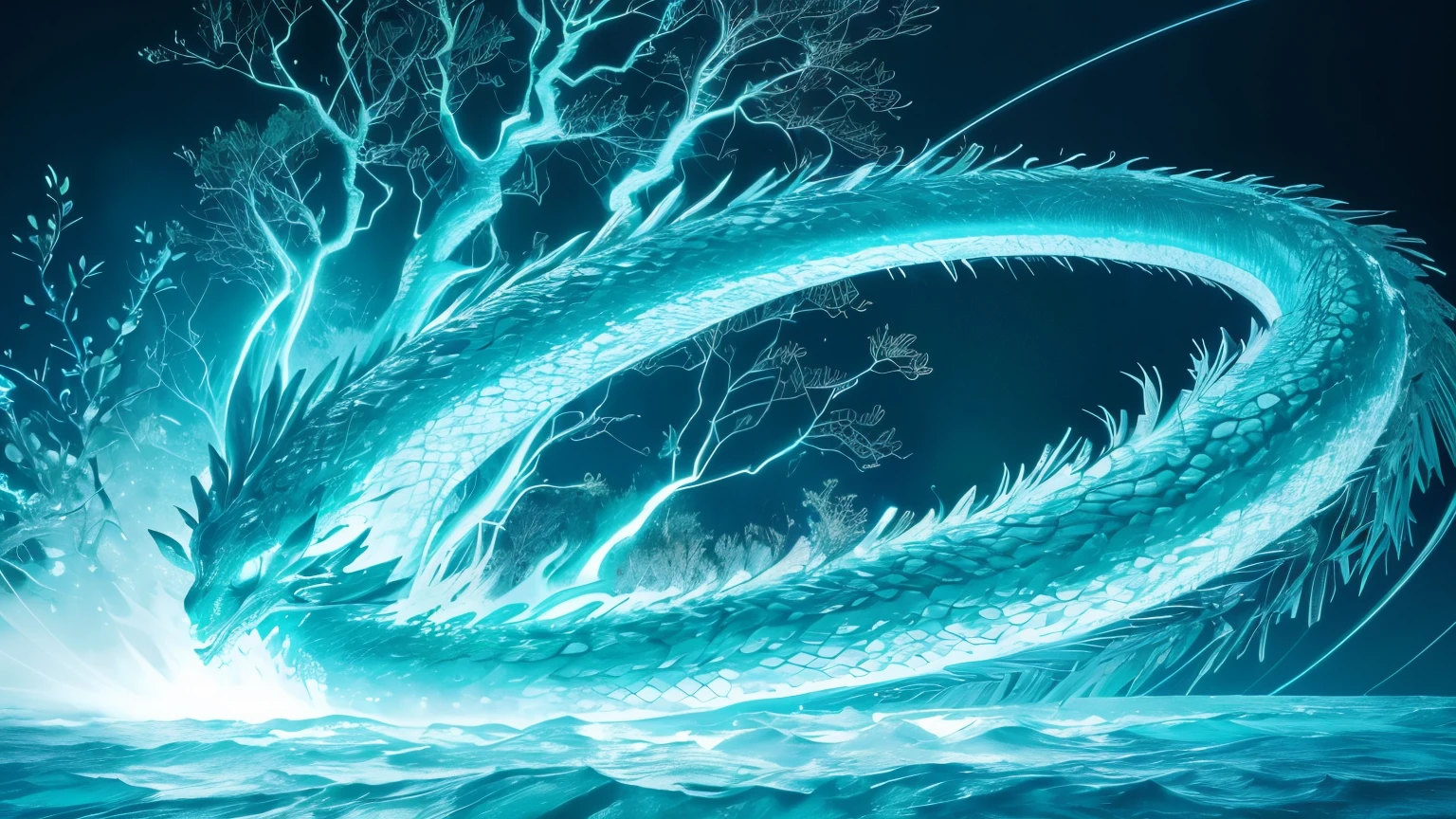 ((melhor qualidade)), ((Obra de arte)), (detalhado), formas liquidas, formatos de raiz de arvores, explosion of neon paint in a color gradient of light blue and water green, (fundo branco), dragon scales with little opacity, lobo correndo