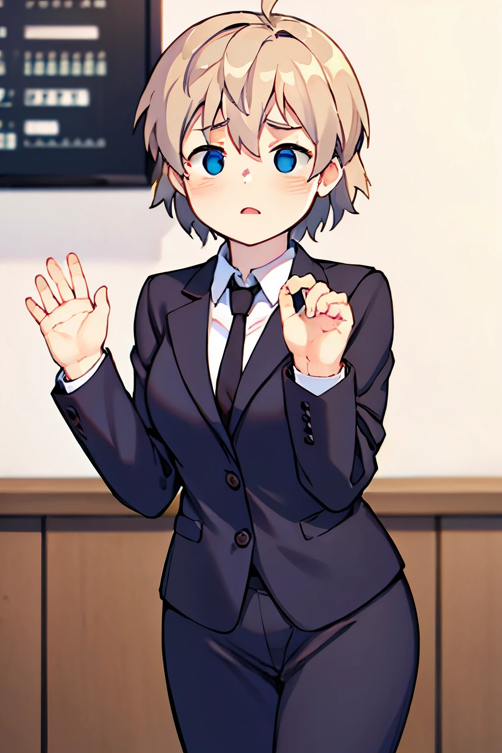 Uma profissional confiante, dressed in an elegant secretary outfit, is standing in a modern office. Ela tem olhos azuis expressivos e uma postura assertiva