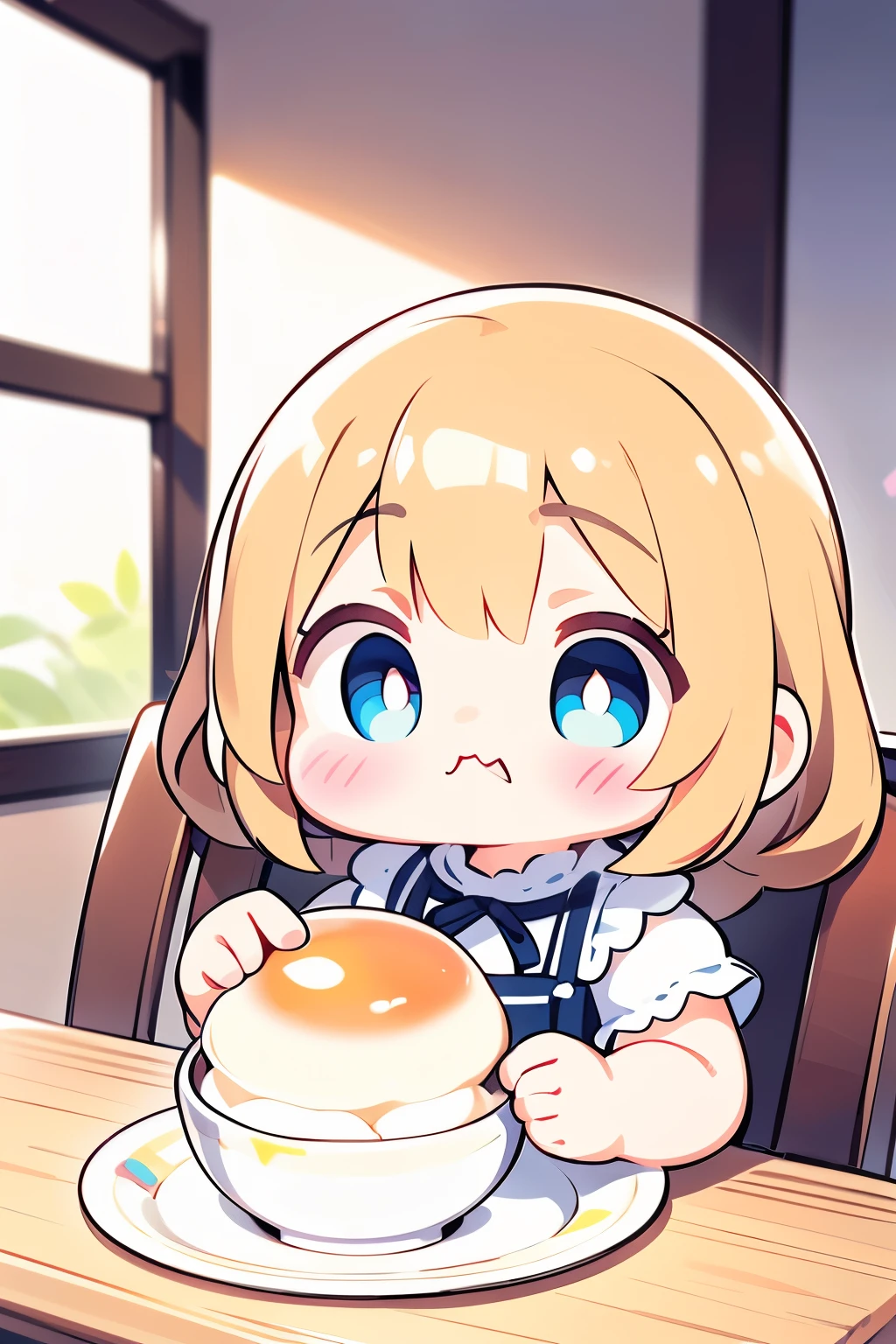 Photorealistic Chibi Girl Doll、sitting at the table eating breakfast、Detailed face、Beautiful Eyes、Detailed Hair、Delicate hands、Complex clothing folds、Warm lighting、Soft Focus、8K、high quality、masterpiece、Ultra-realistic、Detailed Texture、Realistic lighting and shadows、Bright colors、Natural tones