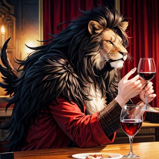 Lion, Black Hair, Red eyes, wing, Very monstrous　Powerful Warrior　Eat steak　wine glass with red wine