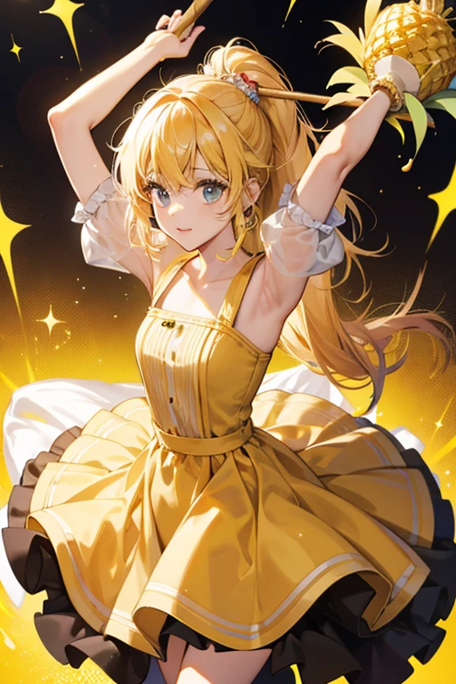 Painaputchi is light yellow with half a pineapple on her head. Sometimes pineapple juice drips from it acting like hair. She has a yellow dress and stick-like arms. SPARKLE; GLITTER