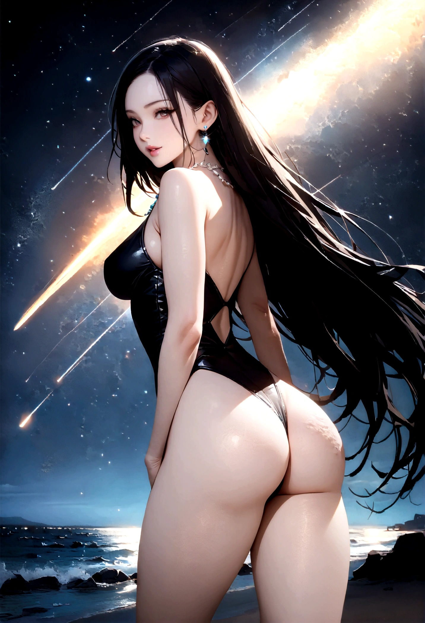 8k, masterpiece, RAW Photos, highest quality, Realistic, Very detailed, Depth of written boundary, Cinematic Light, Anatomically correct body,
One beautiful 40 year old woman, (Very beautiful face:1.3), (Exquisitely detailed face:1.3), (A seductive face:1.2), (Very delicate skin texture:1.3), Transparent muscle, Shiny white skin, Glamorous Body,
(Wavy black long hair:1.2), (Sexy Breasts:1.1), (Sexy ass:1.1),
(White lace high leg leotard swimsuit:1.2), (Detailed cloth texture:1.2), (Gorgeous necklace:1.1), (Gorgeous earrings:1.1),
(Dark starry background:1.4), (Milky Way:1.1), (milky way:1.1), (shooting star:1.1), (Dark coastline at night:1.4), (Pitch black sea surface:1.4),
(Standing on the beach:1.2),