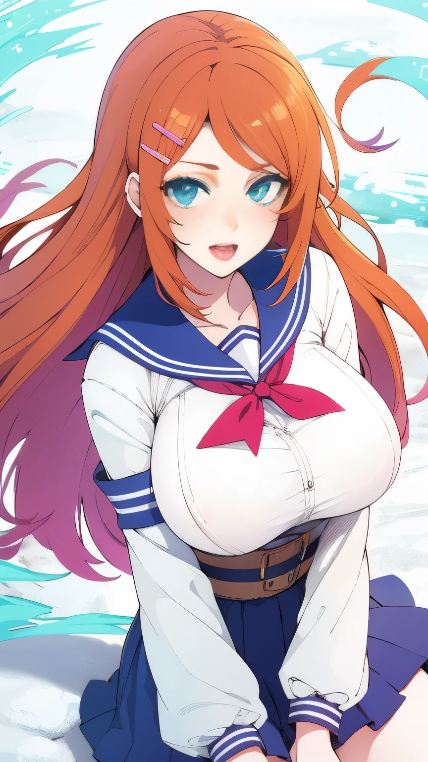 (masterpiece, best quality:1.2), 1girl, solo,mature_lady, nipple, pussy, pov, from benind,penis,sex,make love, delicate face,detail eyes,floating hair,big breasts, floating clothes,,kousaka_kirino ,ore no imouto ga konna ni kawaii wake ga nai,1girl,orange hair|brown hair,long hair,floating hair,shiny hair,blue eyes|aqua eyes,(pink hairclip),white shirt,(gray sailor collar|blue sailor collar),red ascot,,snow land