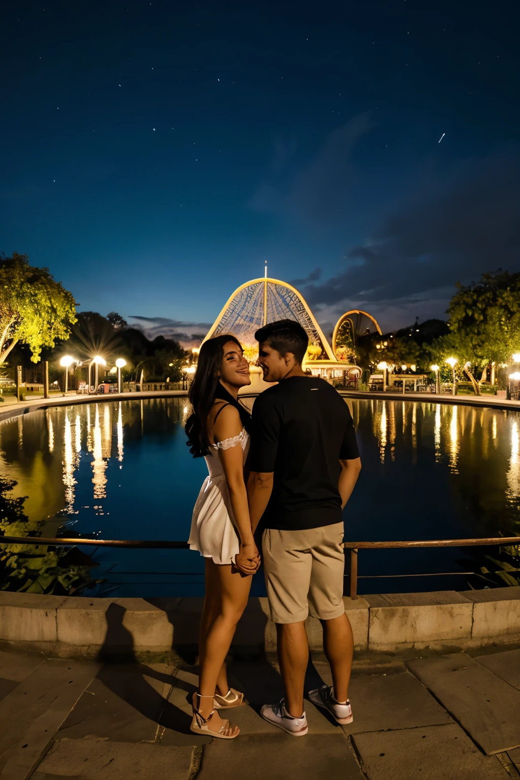 parque de diversiones con una pareja de chicos al anochecer