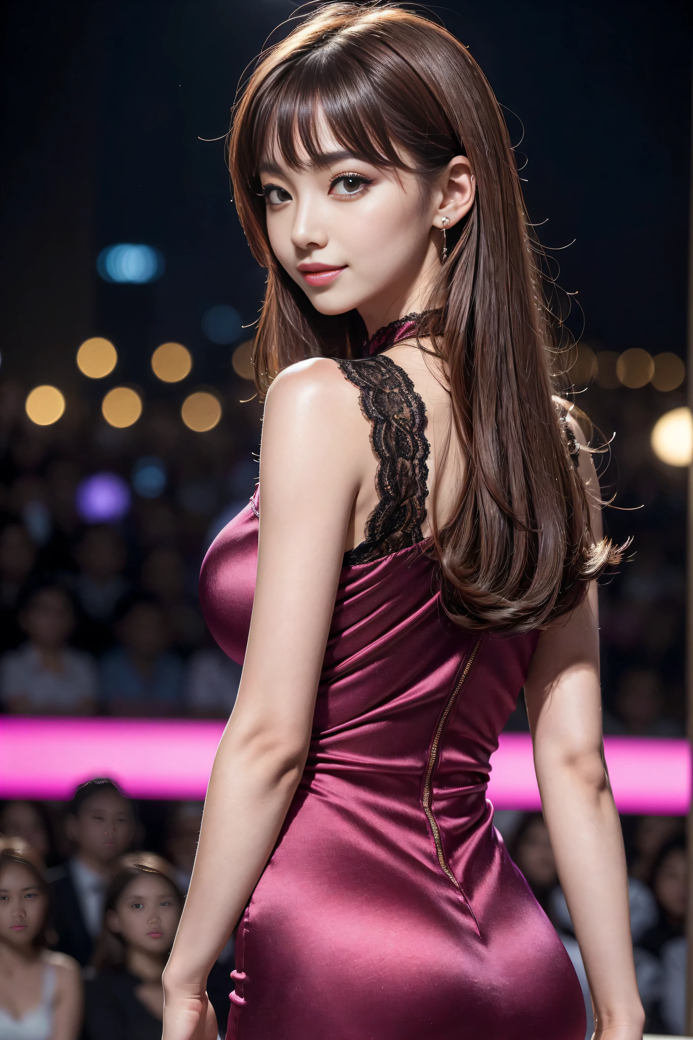 8k, masterpiece, original photo, best quality, Realistic, Extremely detailed CG unified 8k wallpaper, Depth of Field, Light, Lens Light Halo, Light line tracing, (Extremely beautiful face, Beautiful lips, beautiful eyes), Intricately detailed face, ((Ultra-delicate skin)) 1 girl, in the darkness, Deep Shadows, Beautiful Korean girl, K-Pop Idol, 1 girl, (Very slim slender fit-muscled body:1.3), ((Looking at the audience)),(A bright smile:1.3), (Hot Pink Shirt), (sleeveless) , (Fashion City Night, Night, (Neon), (Blurred background), Fashion Street Night),(No one in the background:1.3), Beautiful earrings, bracelet, necklace, Pantyhose, Clear eyes, walk, (Pale skin), (big eyes), Facing forward, ((Upper body shot)), ((Dress in silk color:1.3)),(Brown hair),((tight fitting Lace dress)), (Lace dress), (see through), (Looking at the audience:1.3) Open the breast, Very slim, Medium breasts, Look back,((Back Shot)), see through, Medium butt