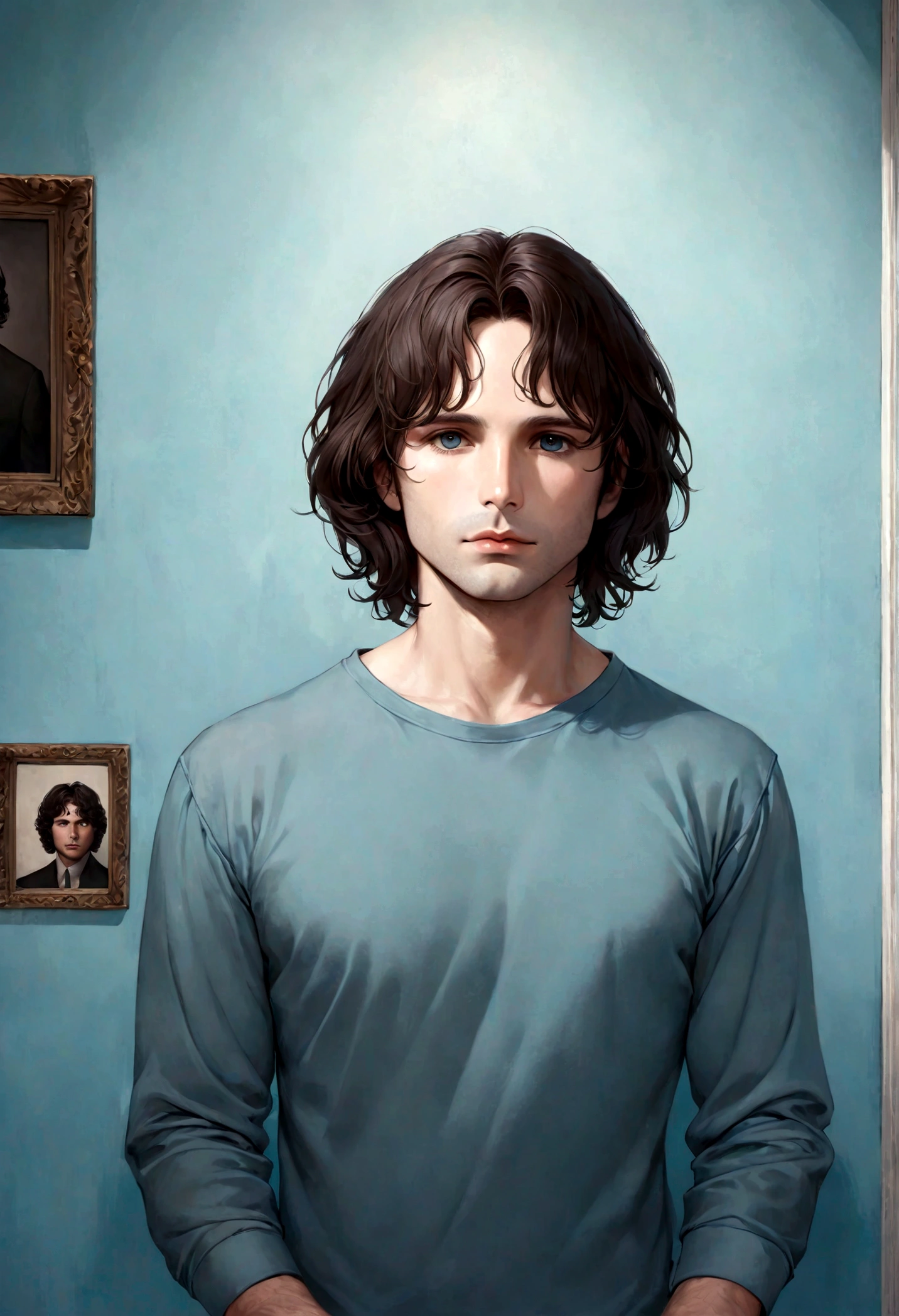 (traje de etiqueta para hombre), ), (con poca barba,) Aspecto atractivo y serio, Dark brown hair, Elegante y con estilo, Camiseta de cuerpo fuerte afeitada, Un hombre similar al actor Jim Morrison, (Imagen realista y de alta calidad), Apartamento escandinavo en el fondo con pintura de pared azul, ((La mejor calidad, 8K, obra maestra).((pose dinamica))