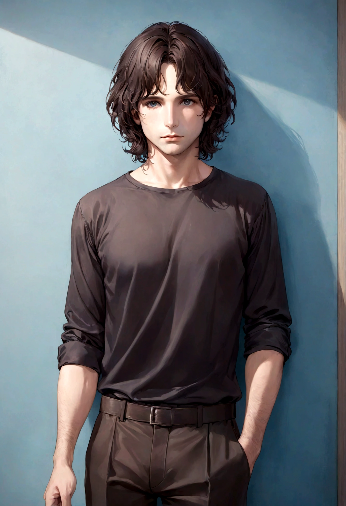 (traje de etiqueta para hombre), ), (con poca barba,) Aspecto atractivo y serio, Dark brown hair, Elegante y con estilo, Camiseta de cuerpo fuerte afeitada, Un hombre similar al actor Jim Morrison, (Imagen realista y de alta calidad), Apartamento escandinavo en el fondo con pintura de pared azul, ((La mejor calidad, 8K, obra maestra).((pose dinamica))