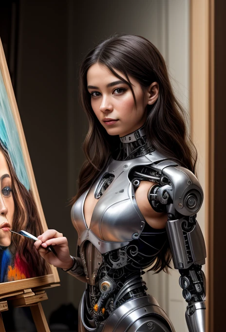 A cyborg girl stands in the center of a large bright studio and is engaged in creating her self-portrait on canvas. She is depicted in all her majestic beauty and elegance. Her metallic skin reflects the light, creating a play of hues and highlights like an expensive piece of jewelry.
Her long metal hair frames her face, giving her a mysterious and alluring look. Her bright eyes, in which light shimmers, stare straight ahead with confidence and the strain of creative inspiration.
The cyborg girl is depicted in a graceful pose, showing off her grace and strength as well as the fine workings of her mechanical limbs. Her hands hold brushes and are immersed in the creative process of creating a stunning work of art.
The outline of the self-portrait she is creating with oil paints is already outlined on the canvas. The drawing begins to come to life under her dexterous fingers, gaining depth and volume, and the coating of color fills the canvas with bright hues and rich colors.
This entire moment is captured in a gorgeous and amazing scenario that combines the beauty of art, power and technological advancement to make the cyborg girl a unique and inspiring image.