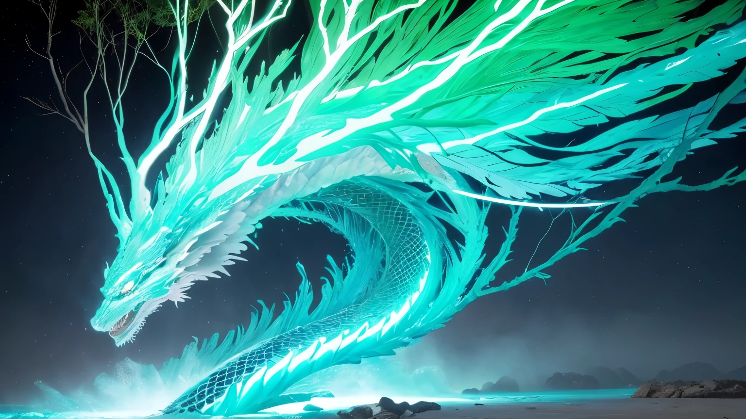 ((melhor qualidade)), ((Obra de arte)), (detalhado), formas liquidas, formatos de raiz de arvores, explosion of neon paint in a color gradient of light blue and water green, (fundo branco), dragon scales with little opacity, lobo