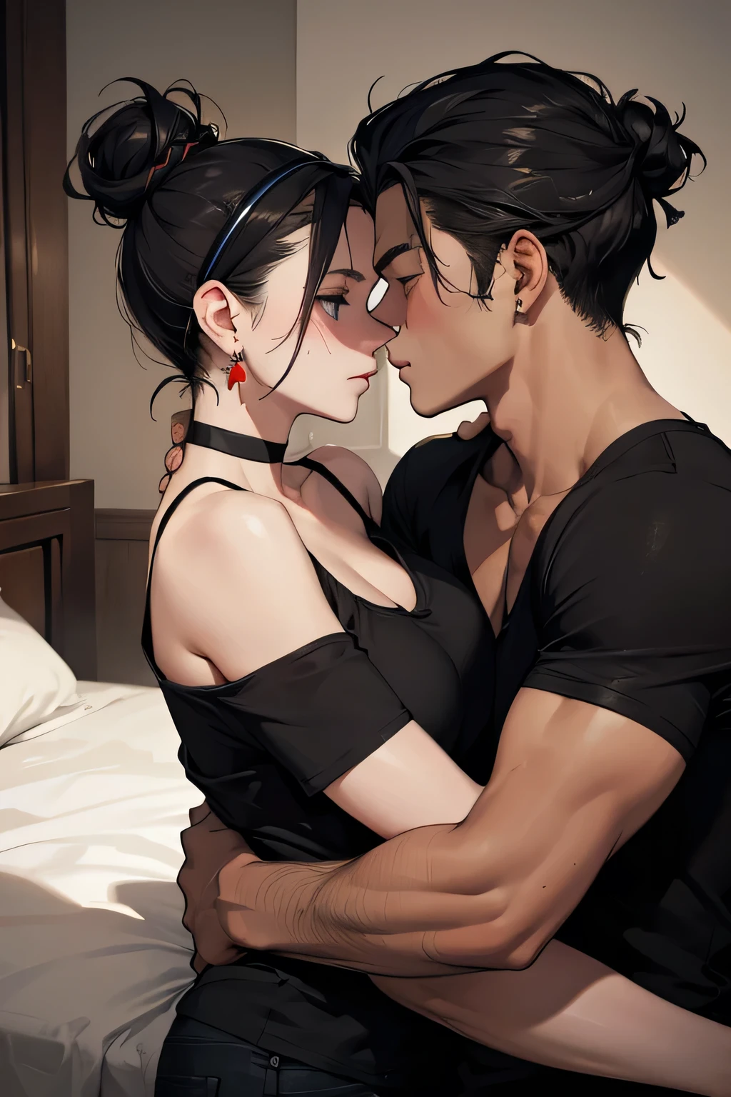 Amazing portrait of a sexy woman with her messy bun hair tied in a black hairband wearing alluring earrings and black v-neck t-shirt kissing and making out passionately with a shirtless boy on the bed in an intimate setting