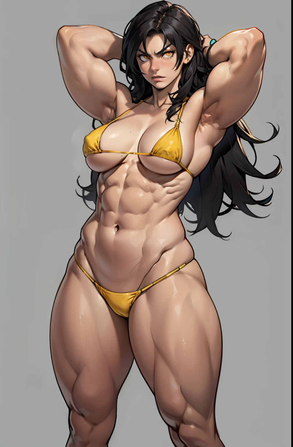 ((grey background)), solo, (((1 girl))), very long hair, black hair, angry, yellow eyes, ((((muscular)))), huge tits, thick thighs, wide hips, pale skin, (micro bikini), standing, midriff, abs, navel, armpits, arms over head