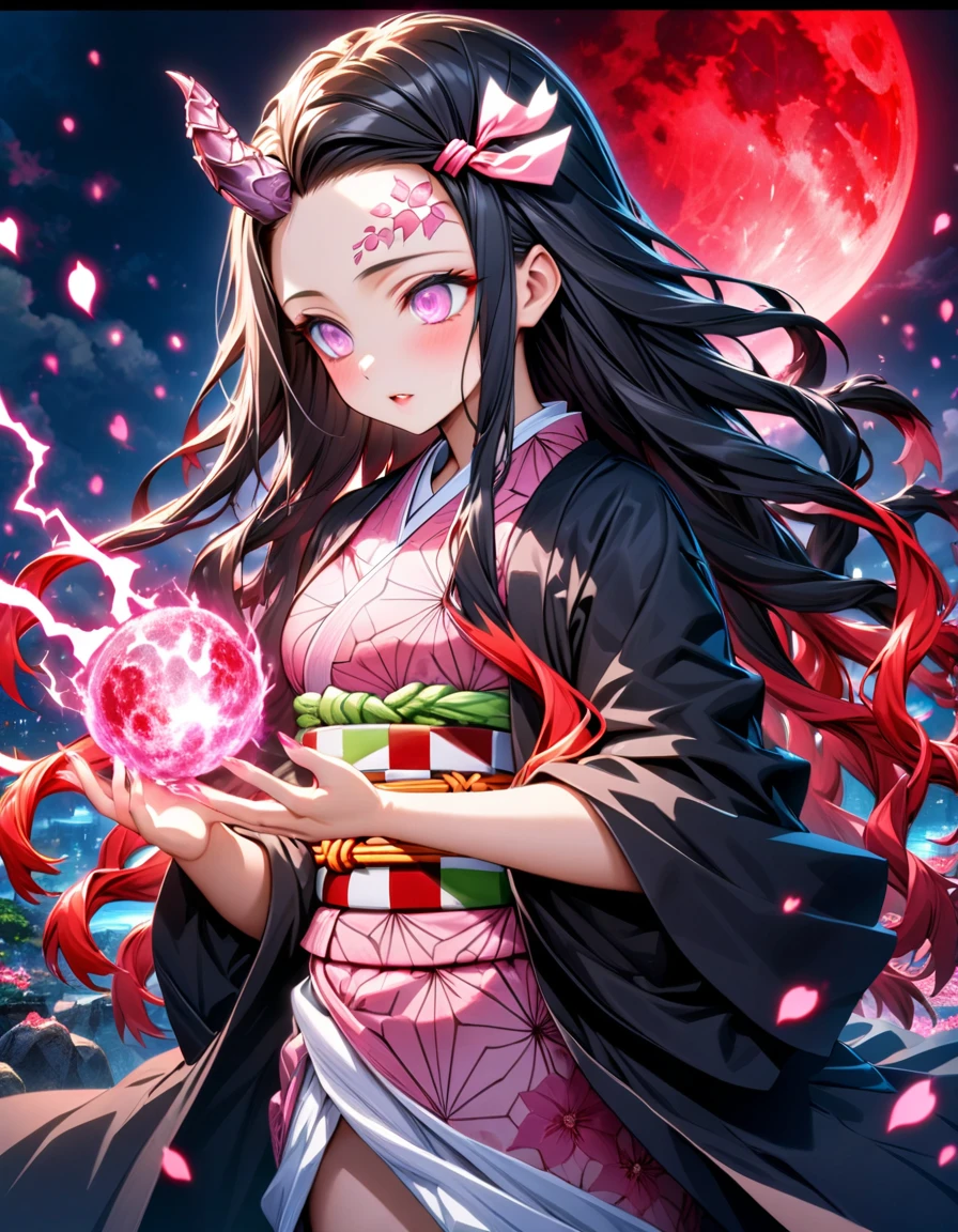 Ultra detailed, highres, absurdres, HDR, master piece, Kamado Nezuko, black long hair, expressive pink eyes, black haori, pink kimono, one demon horn on her forehead, Kimetsu No Yaiba, fantasy, petals, red flowers, extremely beautiful, woman, solo, magic, shining red fireflies, best quality, extremely detailed face and eyes, red moon, pink lightning, demon, pink fire,