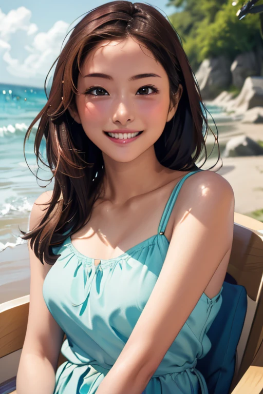 (Highest quality、Tabletop、8k、Best image quality)、1 female、(Beautiful, glowing skin:1.1)、Brown Hair、The most beautiful smile is looking at me、Biggest Smile、Smiling widely and showing off beautiful teeth、(light pink bikini:1.1)、Bright and shiny bikini、Beautiful sea、Shining bright sea、澄んだBeautiful sea、Very clear sea、Beautiful Hiroshi々Sandy beach、Beautiful surf edge、Beautiful sunny sky、Beautiful cumulonimbus clouds、very bright and vivid、(Beautiful, radiant skin:1.2)、(Ultra-high resolution, bright and beautiful skin:1.3)、Ultra-high resolution 美しい teeth、Ultra HD Hair、Ultra-high resolution sparkling eyes、Natural Makeup、Accentuate your body lines、(Very bright and beautiful skin:1.2)、(Big Breasts:1.3)、Slender body、(Perfect Anatomy:1.1)、Sculptural installation、Blurred Background、A perfect single large red hibiscus flower on the head