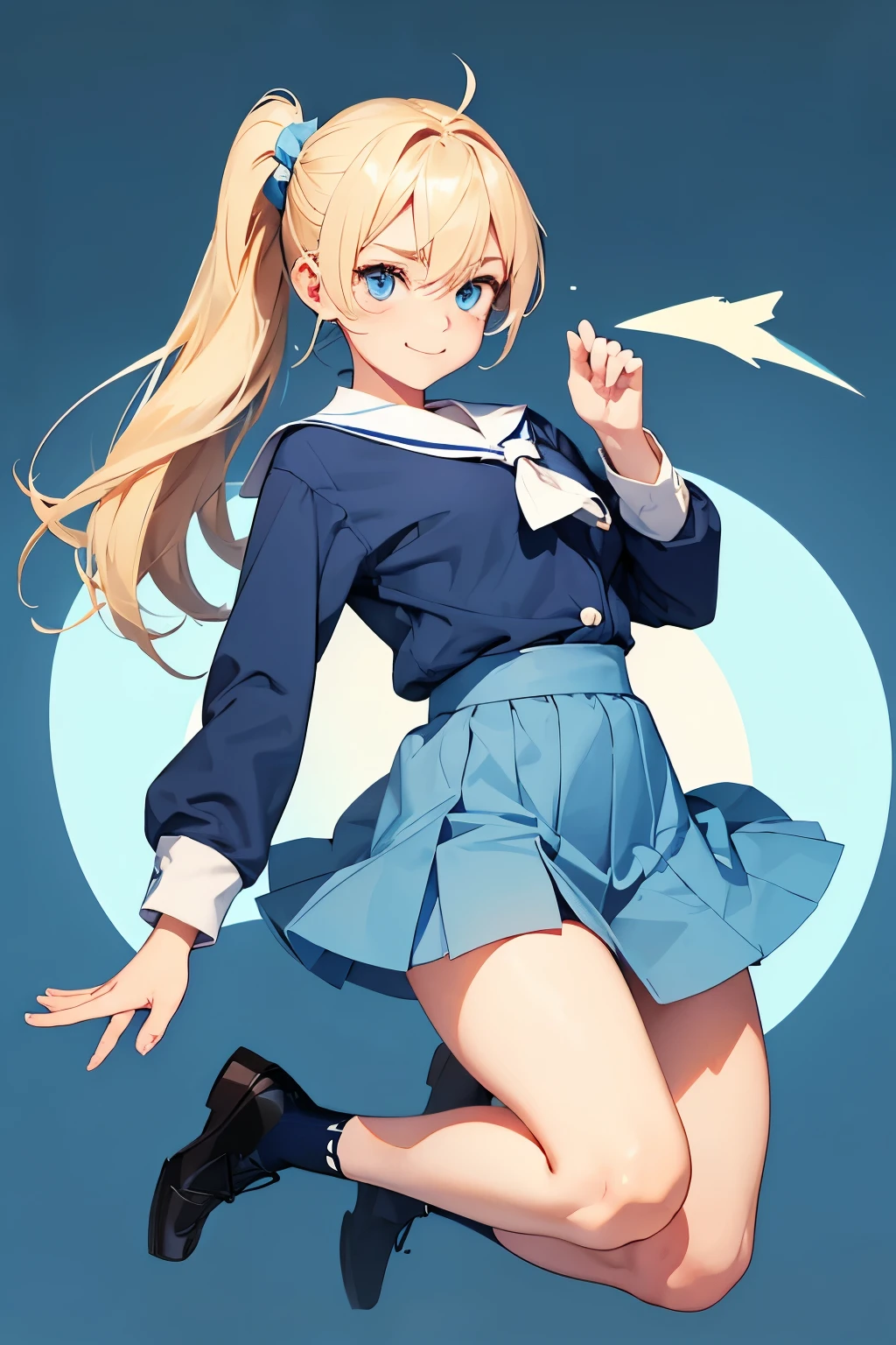 Positive Prompt:
A cute girl with blonde hair in a side ponytail, wearing a light blue sailor uniform. She has blue eyes and is very energetic, depicted in a full-body, jumping pose with a smile on her face. No background. Her face has delicate features and beautiful eyes. The girl is centered in the image.

Negative Prompt:
Low quality, worst quality, strange body structure, weird body, terrible, ugly, sexual depiction, erotic expression, missing hands or feet, strange hands or fingers, weird hands or fingers, missing fingers.
