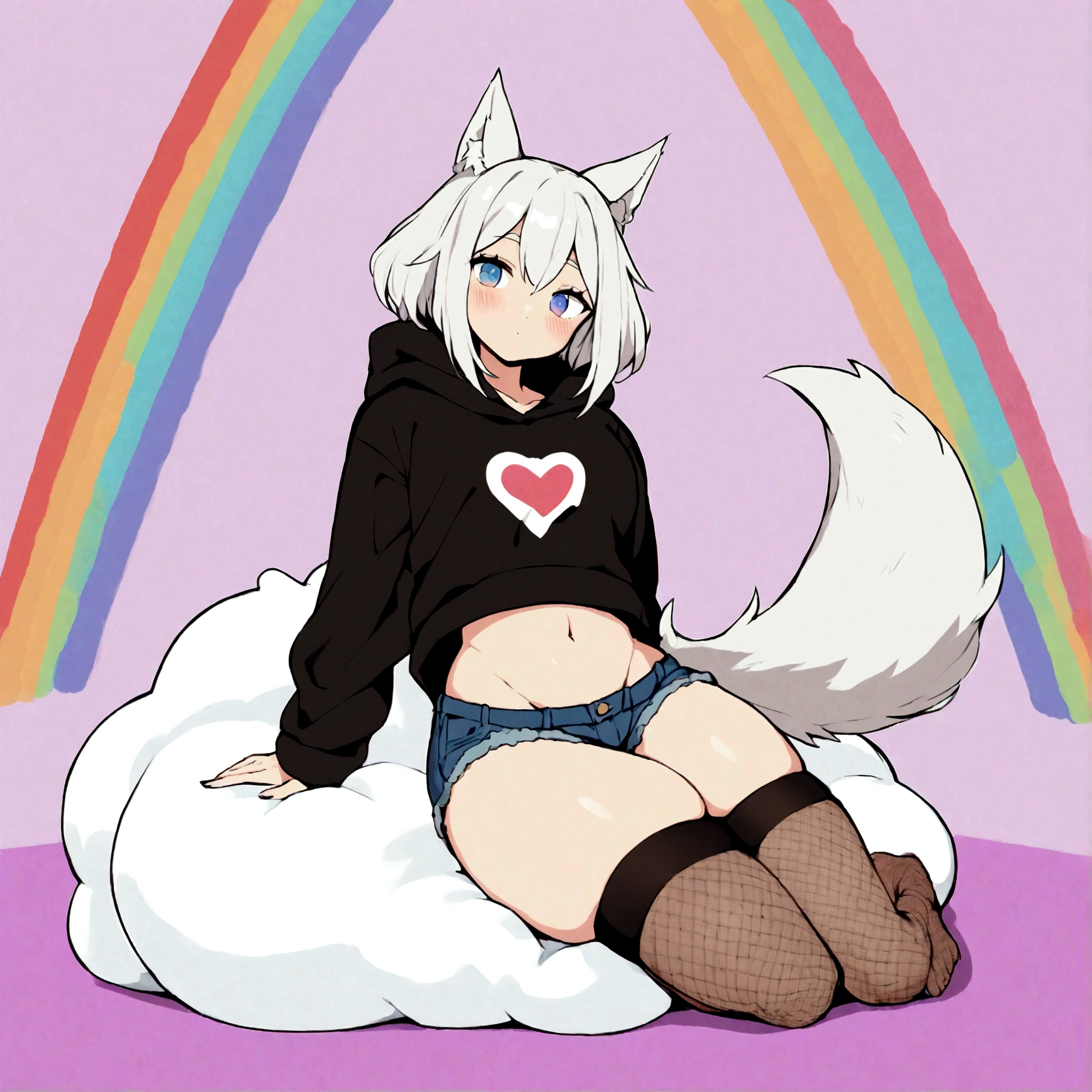 a cute adult male with wolf ears,long white hair with long locks, has a wolf tail, wearing a loose cropped oversized black hoodie, wearing a pair of denim short shorts and thigh high fishnet stockings, thick thighs, wide hips, relaxing on mound of fluffy multi colored kawaii plushies, short, very slim, showing slender tummy, stretching out, heart on hoodie, squishy thighs, has glowing blue eyes. alone, solo (ALONE)(SOLO), surrounded by rainbows, colorful galaxy backround, nice butt