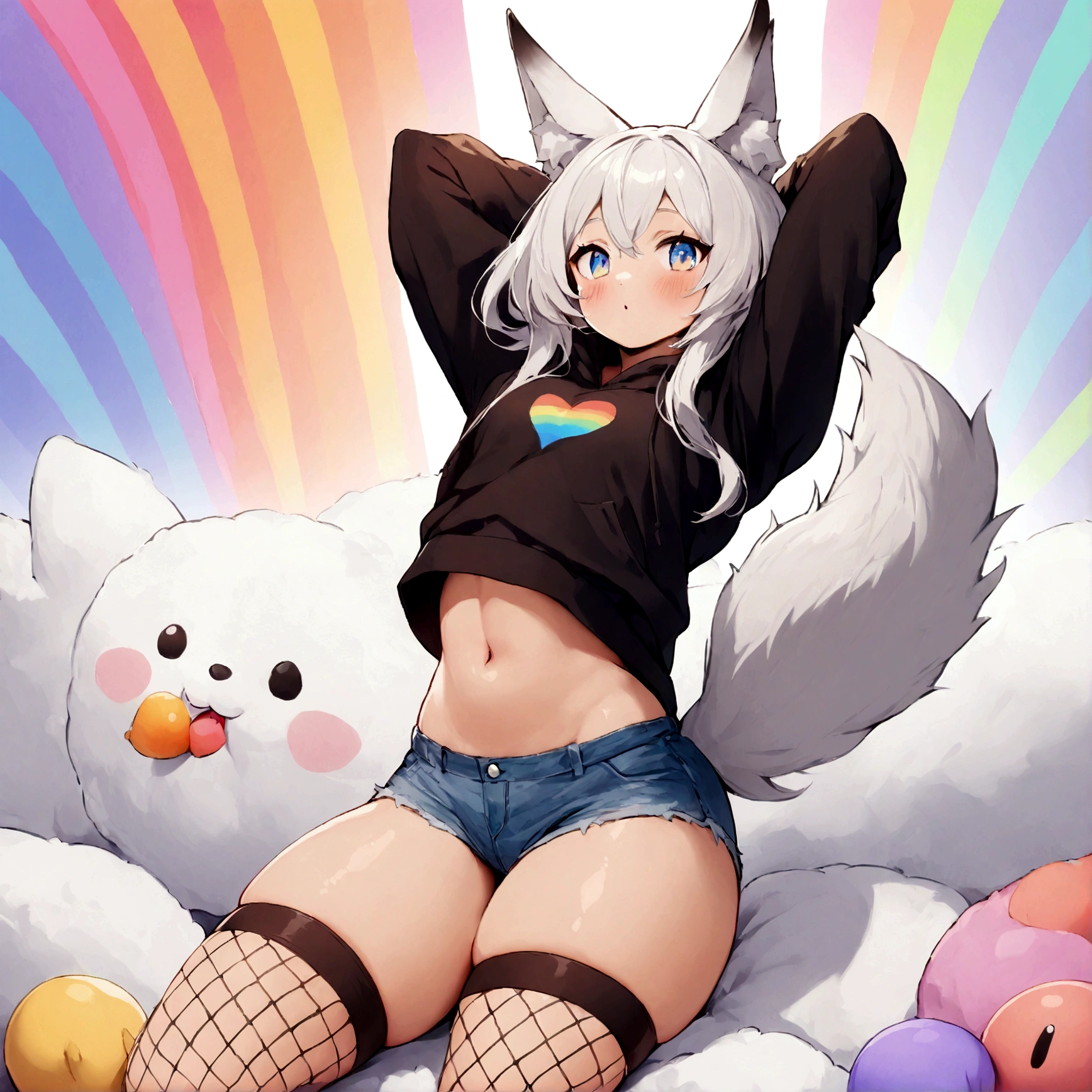 a cute adult male with wolf ears,long white hair with long locks, has a wolf tail, wearing a loose cropped oversized black hoodie, wearing a pair of denim short shorts and thigh high fishnet stockings, thick thighs, wide hips, relaxing on mound of fluffy multi colored kawaii plushies, short, very slim, showing slender tummy, stretching out, heart on hoodie, squishy thighs, has glowing blue eyes. alone, solo (ALONE)(SOLO), surrounded by rainbows, colorful galaxy backround, nice butt