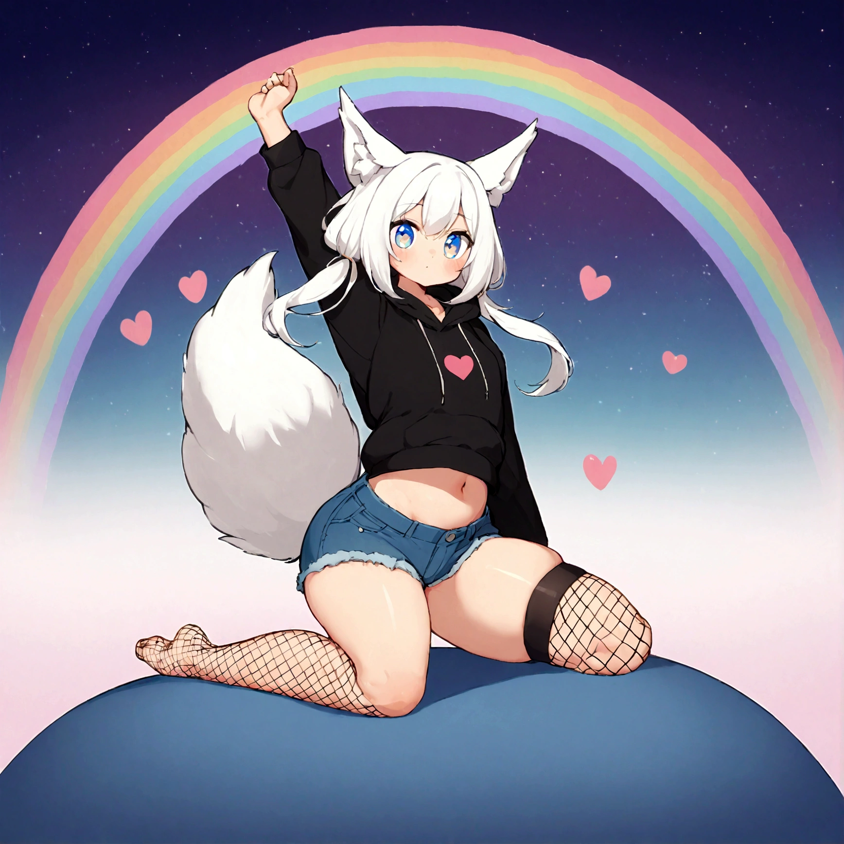 a cute adult male with wolf ears,long white hair with long locks, has a wolf tail, wearing a loose cropped oversized black hoodie, wearing a pair of denim short shorts and thigh high fishnet stockings, thick thighs, wide hips, relaxing on mound of fluffy multi colored kawaii plushies, short, very slim, showing slender tummy, stretching out, heart on hoodie, squishy thighs, has glowing blue eyes. alone, solo (ALONE)(SOLO), surrounded by rainbows, colorful galaxy backround, nice butt