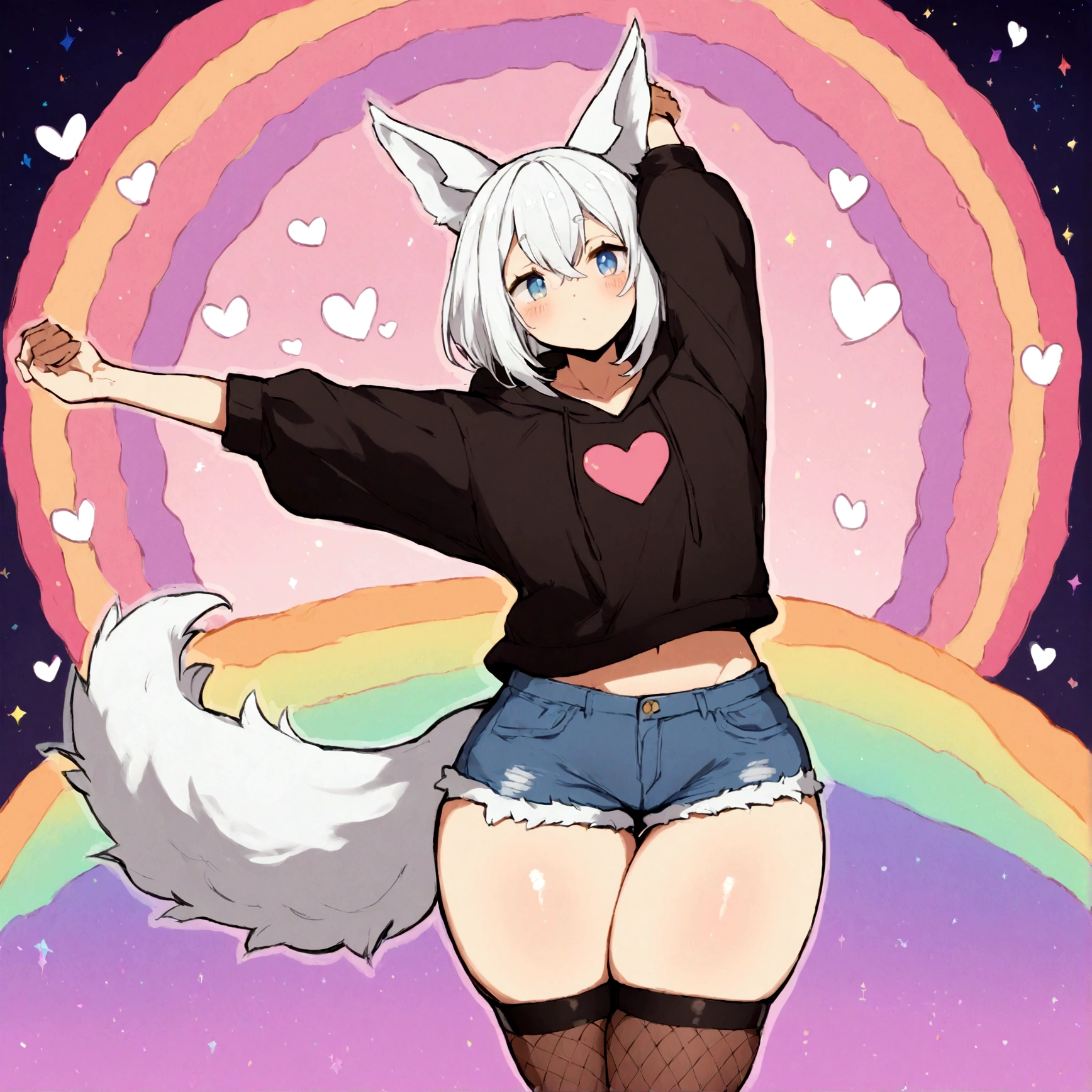 a cute adult male with wolf ears,long white hair with long locks, has a wolf tail, wearing a loose cropped oversized black hoodie, wearing a pair of denim short shorts and thigh high fishnet stockings, thick thighs, wide hips, relaxing on mound of fluffy multi colored kawaii plushies, short, very slim, showing slender tummy, stretching out, heart on hoodie, squishy thighs, has glowing blue eyes. alone, solo (ALONE)(SOLO), surrounded by rainbows, colorful galaxy backround, nice butt