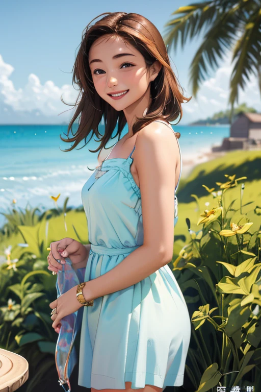 (masterpiece, highest quality)、The girl who showed up to meet up for a date、Cute smile、Summer Dresses、head to waste、