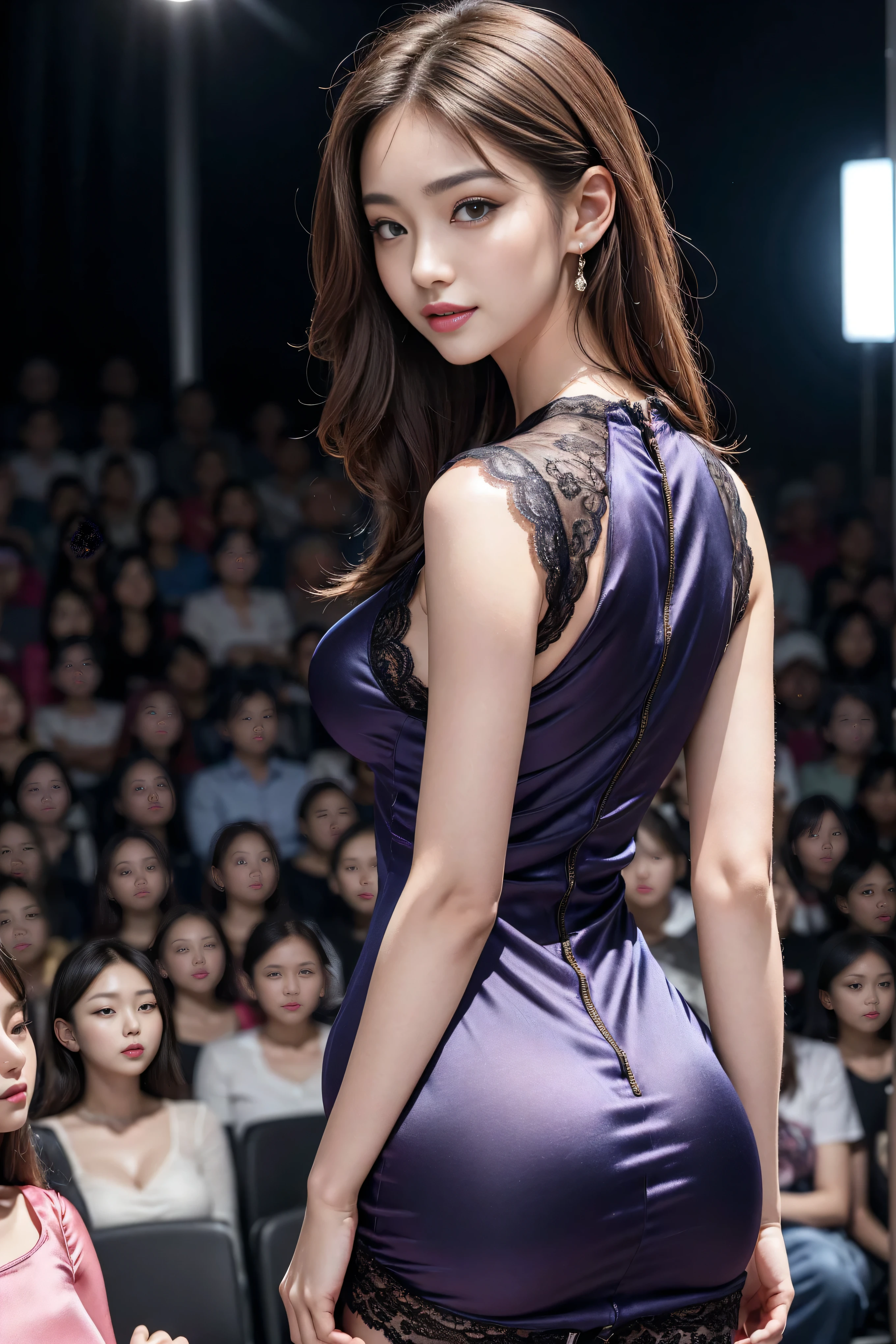 8k, masterpiece, original photo, best quality, Realistic, Extremely detailed CG unified 8k wallpaper, Depth of Field, Light, Lens Light Halo, Light line tracing, (Extremely beautiful face, Beautiful lips, beautiful eyes), Intricately detailed face, ((Ultra-delicate skin)) 1 girl, in the darkness, Deep Shadows, Beautiful Korean girl, K-Pop Idol, 1 girl, (Very slim slender fit-muscled body:1.3), ((Looking at the audience)),(A bright smile:1.3), (Hot Pink Shirt), (sleeveless) , (Fashion City Night, Night, (Neon), (Blurred background), Fashion Street Night),(No one in the background:1.3), Beautiful earrings, bracelet, necklace, Pantyhose, Clear eyes, walk, (Pale skin), (big eyes), Facing forward, ((Upper body shot)), ((Dress in silk color:1.3)),(Brown hair),((tight fitting Lace dress)), (Lace dress), (see through), (Looking at the audience:1.3) Open the breast, Very slim, Medium breasts, Look back,((Back Shot)), see through, Medium butt