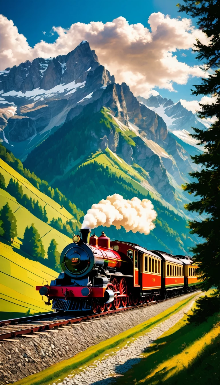 (arte de pixel:1.3), (vista lateral:1.3), vivid scene of a vintage steam locomotive gracefully cutting through the picturesque landscapes of the Alps in the early 20th century, mostre o corpo alongado do trem adornado com detalhes intrincados, Your wheels spin rhythmically as you gain speed on the winding tracks, deixe os majestosos Alpes aparecerem ao fundo, its snow-capped peaks and verdant valleys provide a breathtaking contrast to the mechanical marvel that is the steam train, encapsulate the nostalgia and sense of adventure that characterized the era, the golden rays of the sun dance over the polished metallic surfaces, dando vida a esta cena atemporal, Capturing the essence of a bygone era