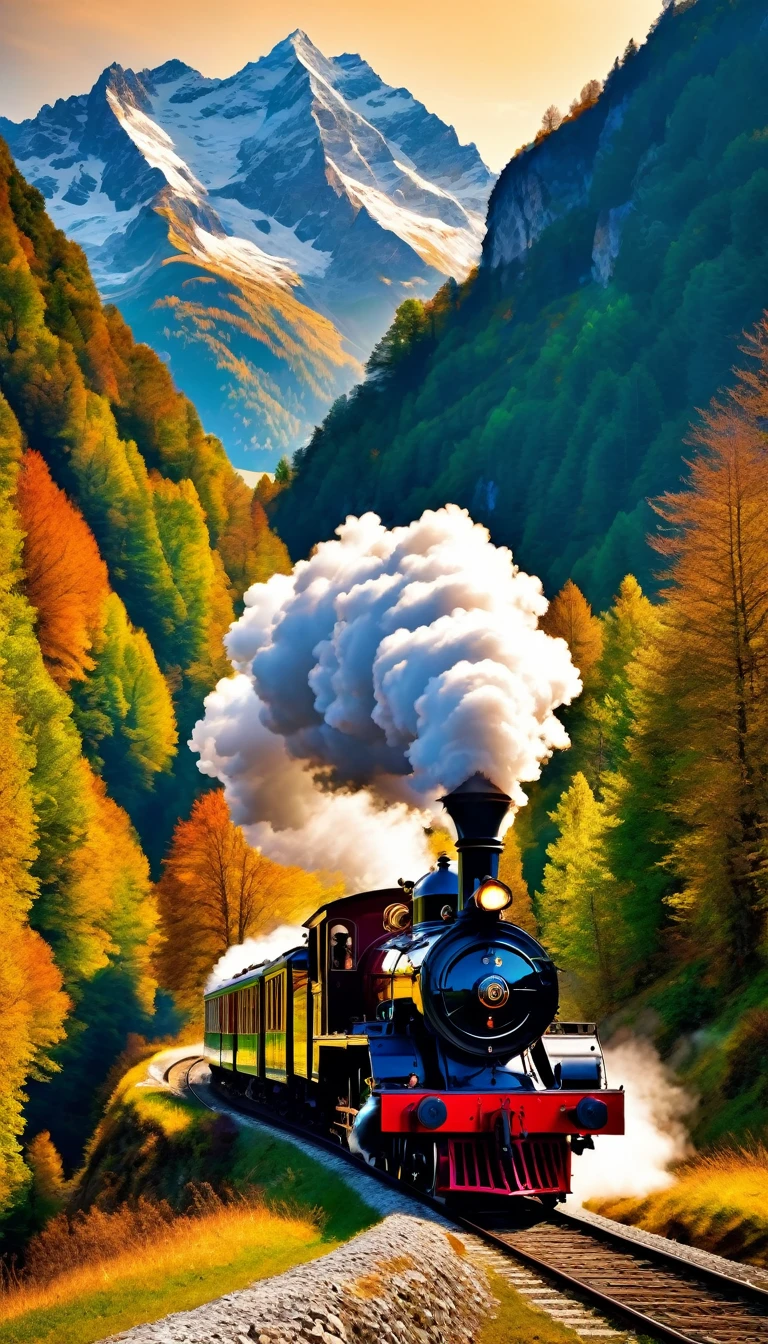 (arte de pixel:1.3), (vista lateral:1.3), vivid scene of a vintage steam locomotive gracefully cutting through the picturesque landscapes of the Alps in the early 20th century, mostre o corpo alongado do trem adornado com detalhes intrincados, Your wheels spin rhythmically as you gain speed on the winding tracks, deixe os majestosos Alpes aparecerem ao fundo, its snow-capped peaks and verdant valleys provide a breathtaking contrast to the mechanical marvel that is the steam train, encapsulate the nostalgia and sense of adventure that characterized the era, the golden rays of the sun dance over the polished metallic surfaces, dando vida a esta cena atemporal, Capturing the essence of a bygone era