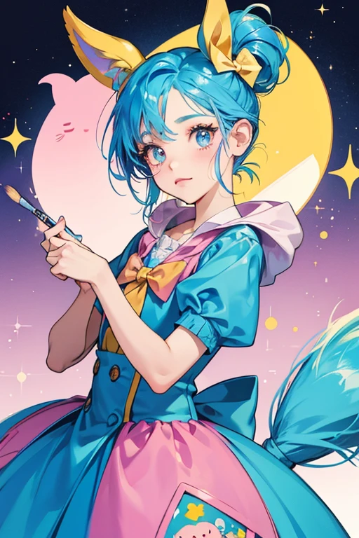 Paletchi looks like a palette with a paintbrush for a tail. Blue paint will appear on her face and on the paintbrush when she is sad. She has oval-shaped eyes and a little yellow beak. She also wears a pink bow on the side of her face. SPARKLE; GLITTER