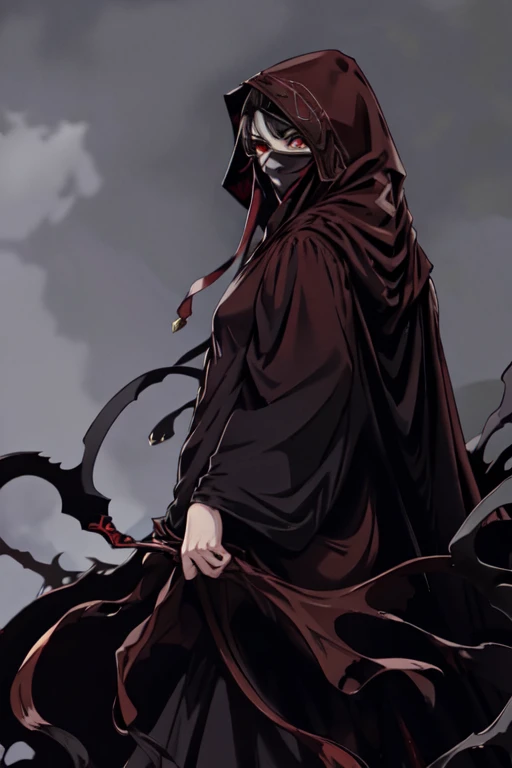 No name assassin, red eyes, cloak, robe, black hair, long skirt, mask, hood, cape, best quality, masterpiece, 