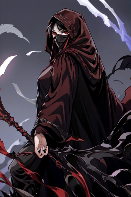 No name assassin, red eyes, cloak, robe, black hair, long skirt, mask, hood, cape, best quality, masterpiece,