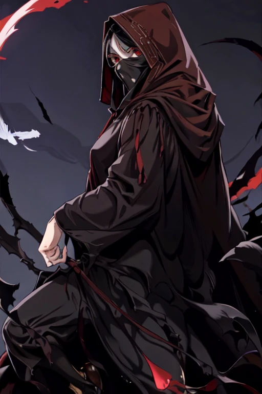 No name assassin, red eyes, cloak, robe, black hair, long skirt, mask, hood, cape, best quality, masterpiece,