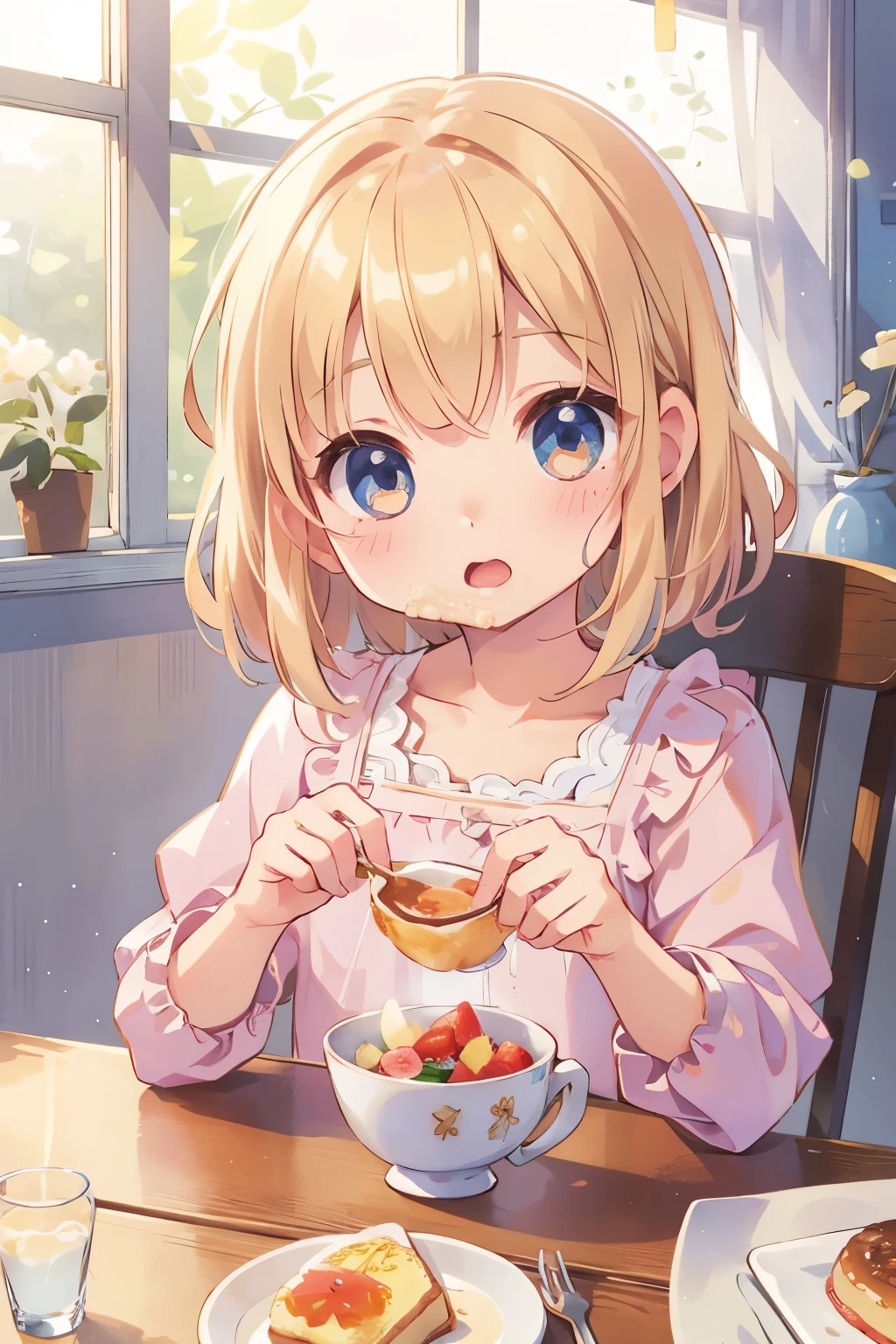 Photorealistic Chibi Girl Doll、sitting at the table eating breakfast、Detailed face、Beautiful Eyes、Detailed Hair、Delicate hands、Complex clothing folds、Warm lighting、Soft Focus、8K、high quality、masterpiece、Ultra-realistic、Detailed Texture、Realistic lighting and shadows、Bright colors、Natural tones