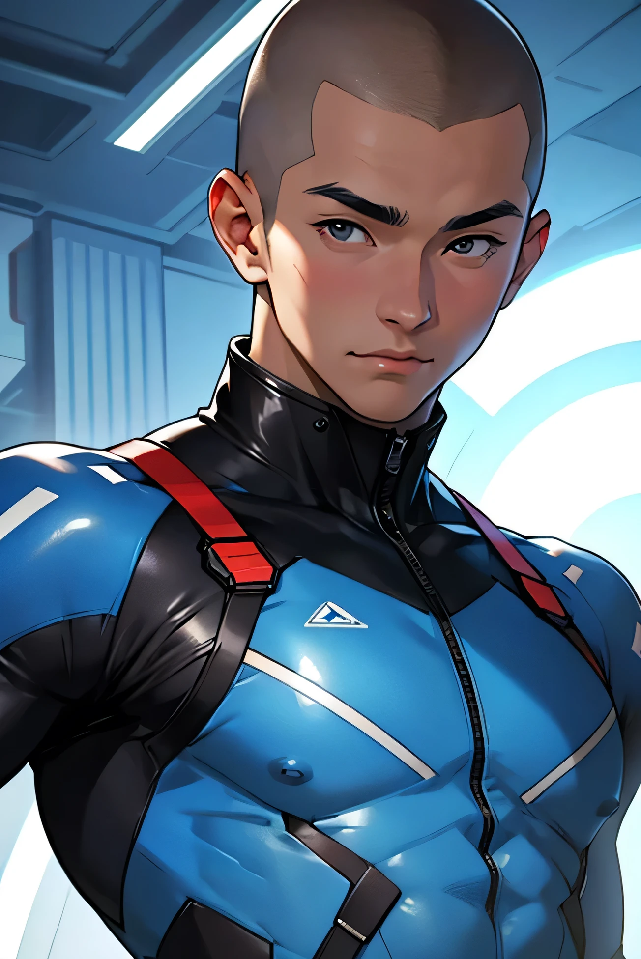 Handsome Japanese 16 year old　Baby Face　Beautiful boy　　Shaved head　A plain blue very tight rubber suit　SF 　future　universe　Science fiction