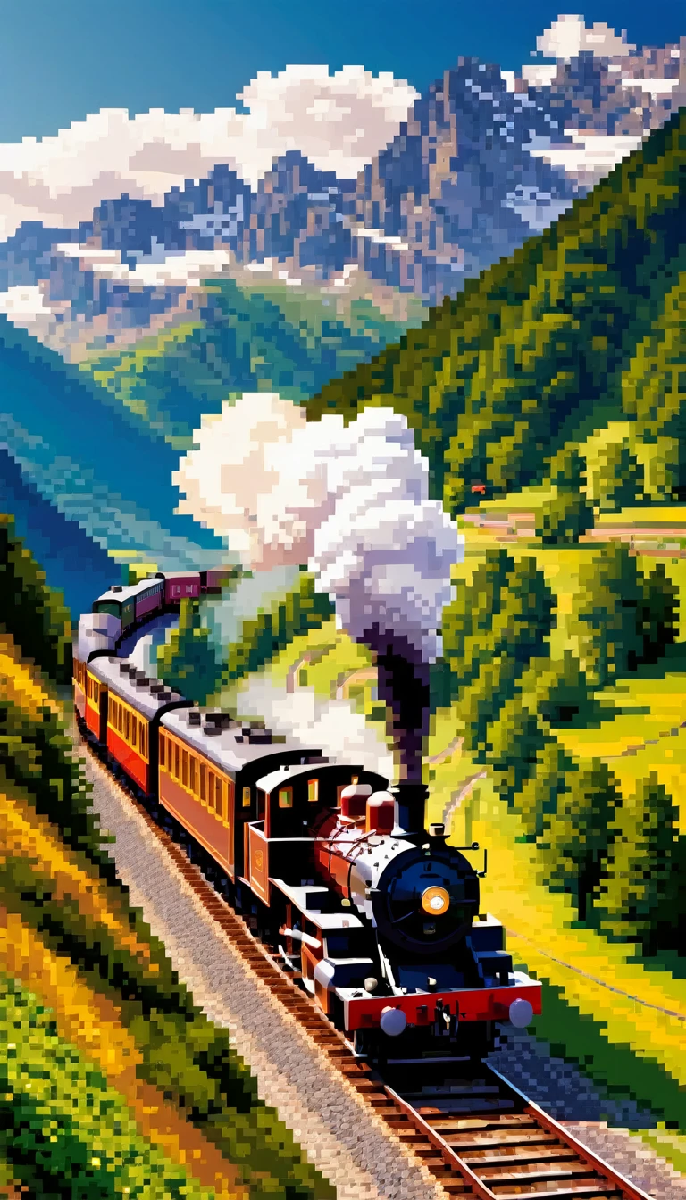 (arte de pixel:1.3), (vista lateral:1.3), vivid scene of a vintage steam locomotive gracefully cutting through the picturesque landscapes of the Alps in the early 20th century, mostre o corpo alongado do trem adornado com detalhes intrincados, Your wheels spin rhythmically as you gain speed on the winding tracks, deixe os majestosos Alpes aparecerem ao fundo, its snow-capped peaks and verdant valleys provide a breathtaking contrast to the mechanical marvel that is the steam train, encapsulate the nostalgia and sense of adventure that characterized the era, the golden rays of the sun dance over the polished metallic surfaces, dando vida a esta cena atemporal, Capturing the essence of a bygone era