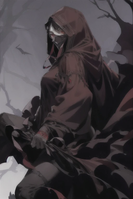 No name assassin, red eyes, cloak, robe, black hair, long skirt, mask, hood, cape, best quality, masterpiece, forest, day