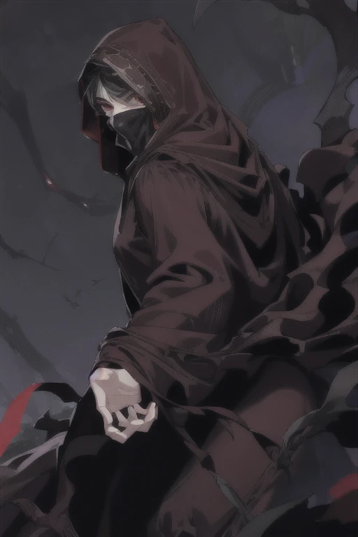 No name assassin, red eyes, cloak, robe, black hair, long skirt, mask, hood, cape, best quality, masterpiece, forest, day