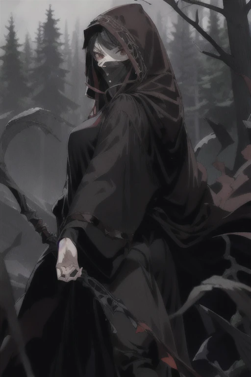 No name assassin, red eyes, cloak, robe, black hair, long skirt, mask, hood, cape, best quality, masterpiece, forest, day