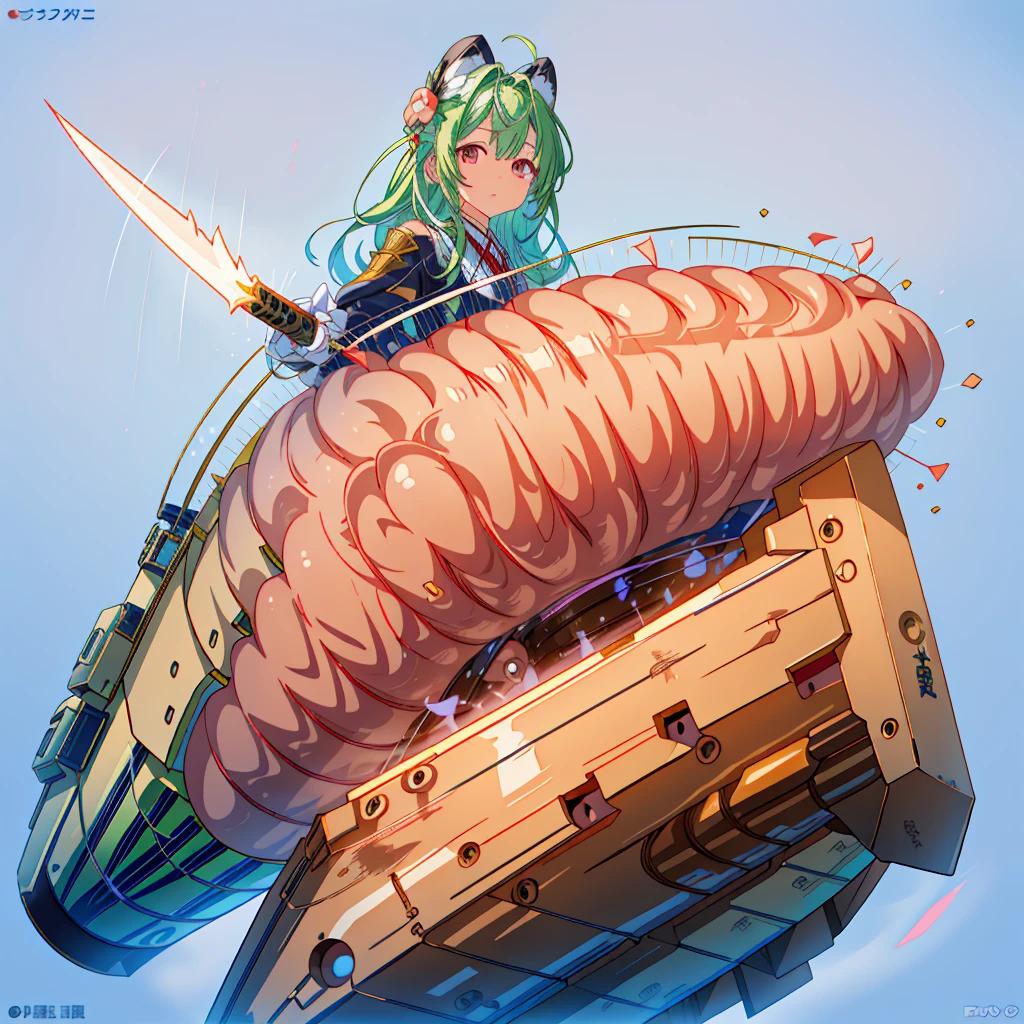 One girl、(masterpiece, highest quality、Official Art、The best configuration、Award-winning works、The best composition with great attention to detail), (Thin Hair), Very detailed, Anime Style, alone, full length, Concept Art,Fighting Girl Laser gun Japanese sword on waist,Camouflage、 Super huge, Tall and stylish, Very large.、White Background, full lengthに立って, Standing firm on the desolate ground,fsgzisksk