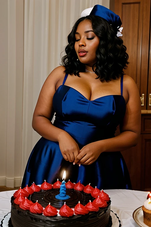 Black curvy 4c hair girl wearing a sexy royal blue dress for her fancy birthday wearing not birthday hat, blowing out the candles form her custom made cake with eyes closed.