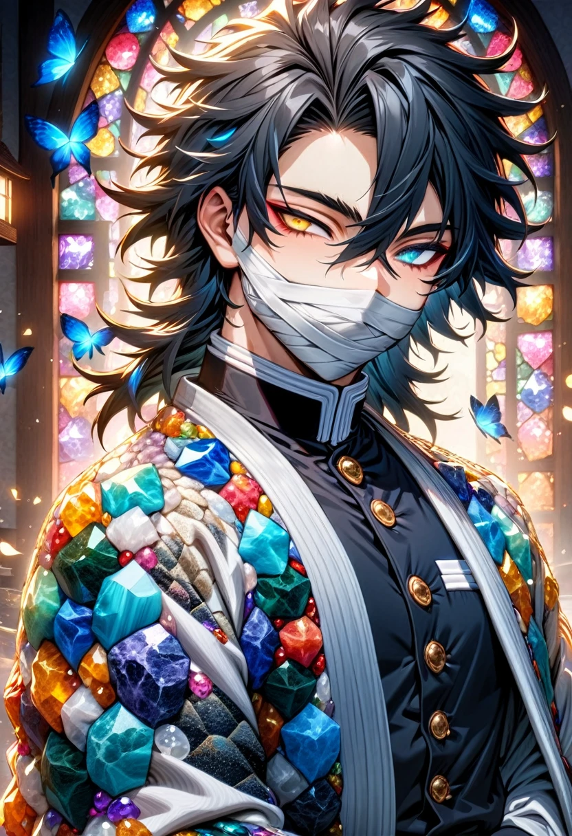 absurdres, highres, ultra detailed, HDR, masterpiece, Iguro Obanai, straight-edged black hair of varying lengths, hair between the eyes, heterochromia, right eye turquoise, bandages over his mouth, left eye yellow, Kimetsu No Yaiba, solo, sexy man, handsome, white haori, black lines patterns, demon slayer uniform, white small snake on his shoulder, stained glass, blue butterflies, blue flowers, blue petals, shining lights, magic