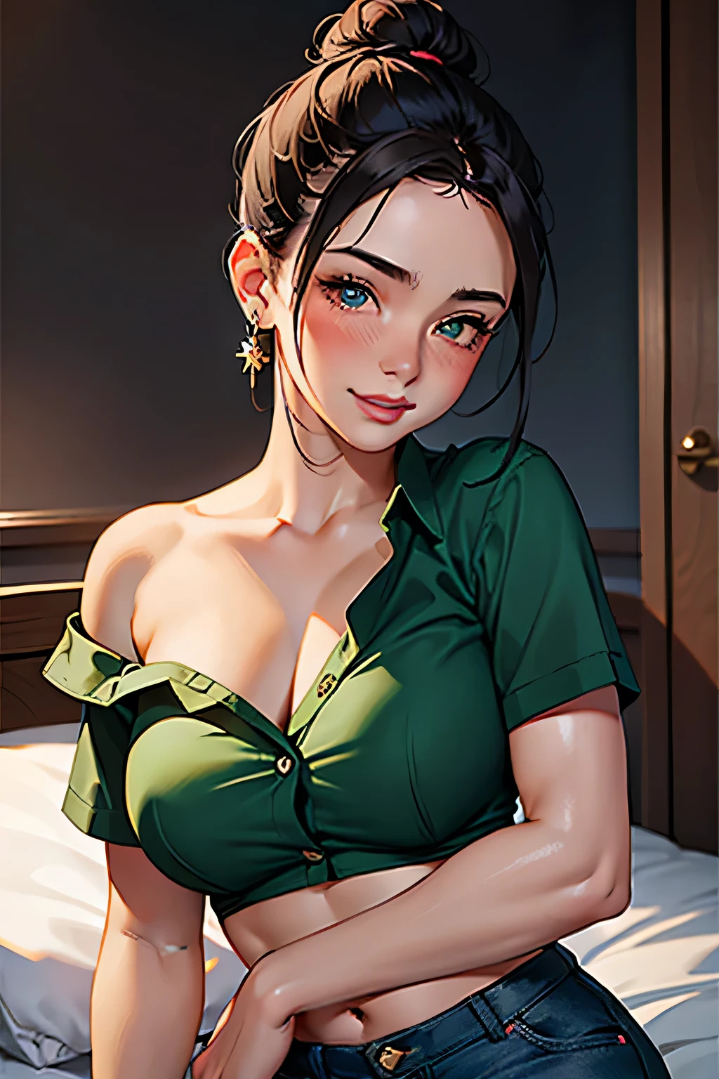 Amazing portrait of a sexy woman with a beautiful face with lustful eyes gazing seductively and parted pink lips smiling as she blushed deeply with her black hair in a bun wearing a green satin shirt that is partially unbuttoned and falling off her shoulders exposing her creamy pale porcelain skin in a very dimly lit bedroom giving off an intimate vibe