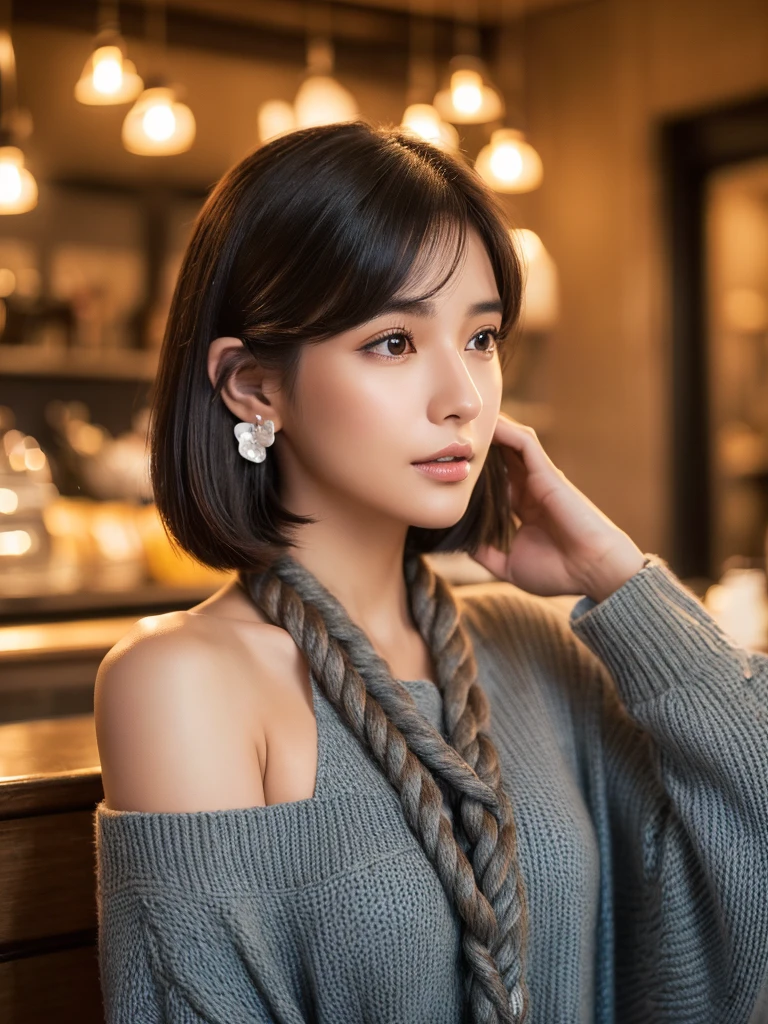 (ultra high resolution:1.5)(Super detailed:1.3) (super high quality) (super high quality:1.5) (realistic pictures:1.3) japanese woman 19 years old ((Detailed and beautiful facial features:1.3)) ((realistic skin texture:1.say exactly, high quality eye:1.3)) ((The beauty of detailed and high-quality ears:1.3)) ((Beautiful skin that is very fair and transparent:1.3)) ((Beautifully groomed straight short bob hair:1.3))complete body beautiful proportions (Trend Fashion) (Off-shoulder navy blue knit made of rough rope) The background is the inside of a cafe at dusk. beautiful depiction, Luxurious and stylish interior ((happy viewers'eye)) wet half-open lips Feminine, soft and gentle shoulders big breasts Not sure ((cute)) (stunning high resolution images) Girls are very interested in men's bodies'body of