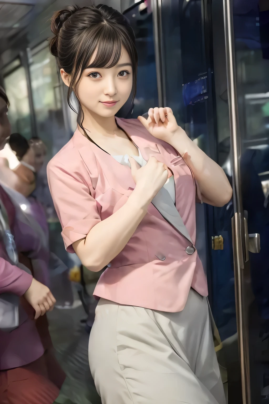 (masterpiece:1.2, highest quality:1.2), 32K HDR, High resolution, (alone、1 girl)、(On the rooftop of a building in the daytime、Professional Lighting)、Building rooftop background、(Nankai train crew uniform pinkを着たリアルスタイル)、(Nankai train crew uniform pink short sleeve collarless pink jacket、Nankai Train Crew Uniform Pink Collarless Short Sleeve Blouse、Nankai Train Crew Uniform Pink Grey Knee-length Culottes)、Dark brown hair、(Hair tied up、Hair Bun、Hair Bun)、Dark brown hair、Long Shot、Big Breasts、Thin legs、((Great hands:2.0)),((Harmonious body proportions:1.5)),((Normal limbs:2.0)),((Normal finger:2.0)),((Delicate eyes:2.0)),((Normal eyes:2.0)))、smile、(Nankai Train Crew Uniform Pink Grey Knee-length Culottesを見せた美しい歩く姿)、Place your hands around your stomach