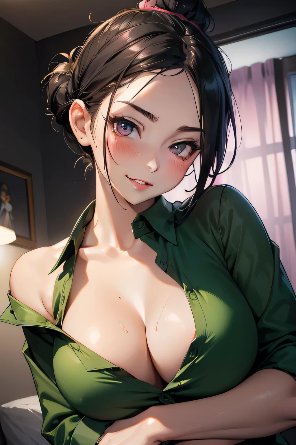 Amazing portrait of a sexy woman with a beautiful face with lustful eyes gazing seductively and parted pink lips smiling as she blushed deeply with her black hair in a bun wearing a green satin shirt that is partially unbuttoned and falling off her shoulders exposing her creamy pale porcelain skin in a very dimly lit bedroom giving off an intimate vibe