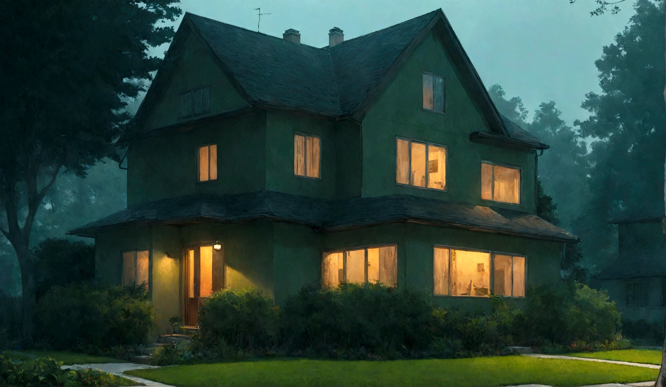 Typical suburban house with two floors, a manicured garden, and a large front yard, exuding a cozy, homey feel, horror story colors, masterpiece, perfect art