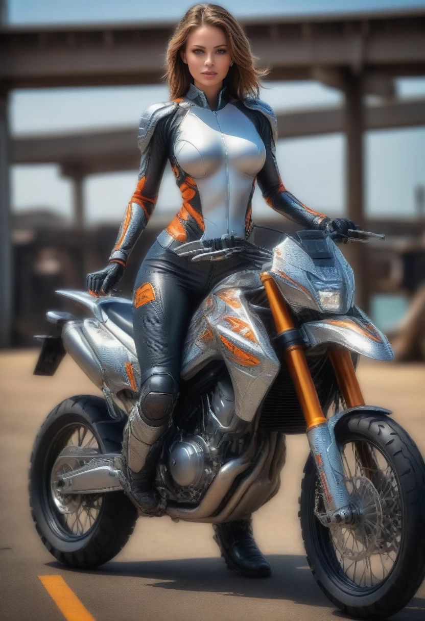 full body shot, wharf scene, beautiful female cyborg woman riding a KTM 450 motocross motorcycle, glamorous shape, shoulder-length, beautiful shiny smooth, high quality, best quality, absurdres, masterpiece, beautiful, intricate details, 1/2 body crop, slim body, beautiful figure, magnificent anatomy, (intricate details:1.12), HDR, (intricate details, hyper-detailing:1.15), (natural skin textures, hyper realisitc, soft light, Sharp:1.2)