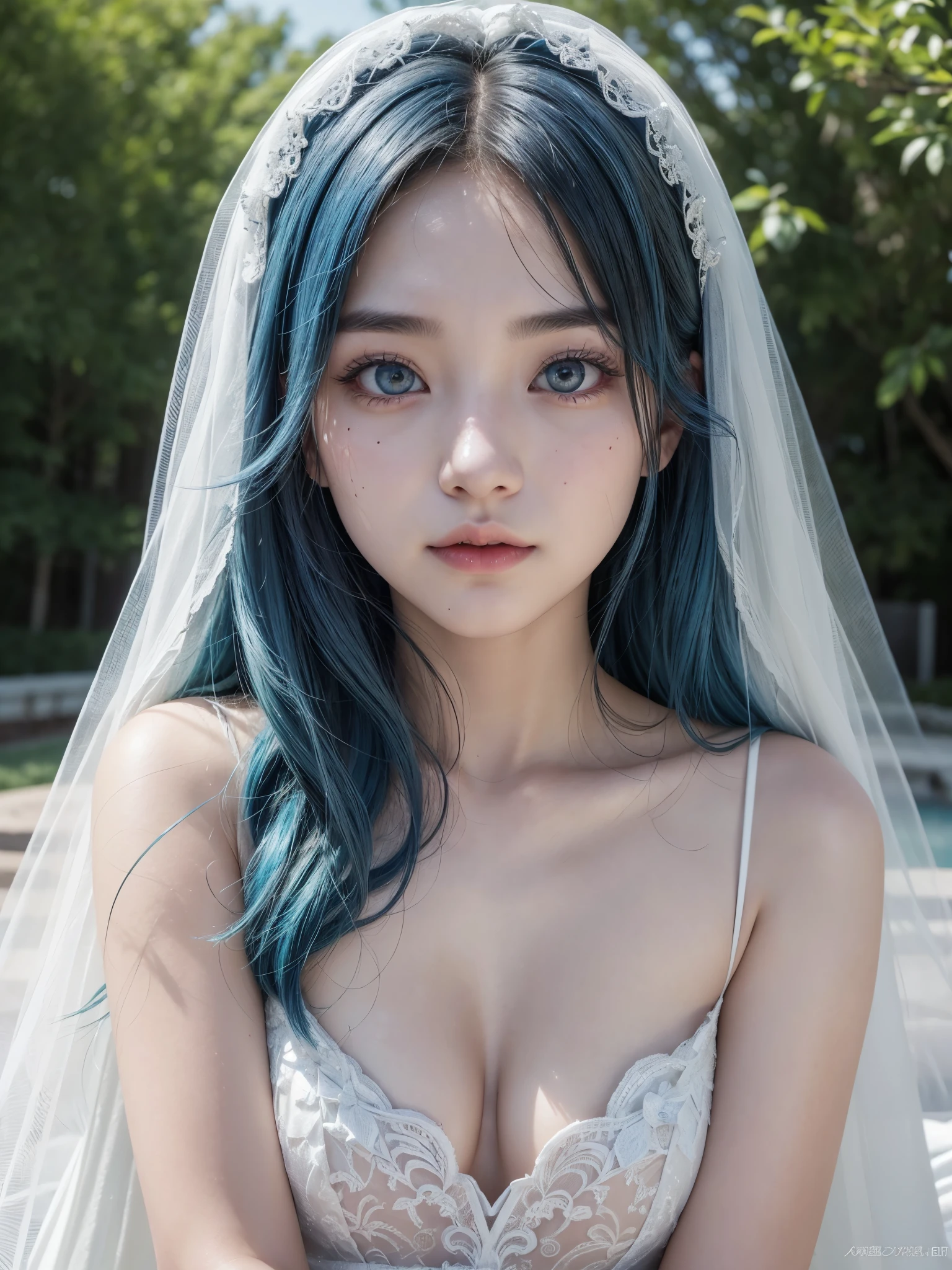 Hot girl、pfotorealistic, Highresolution, 1 woman, blue-haired, Korean, Heterochromia eyes, Small moles under the eyes,outdoor、wedding dress